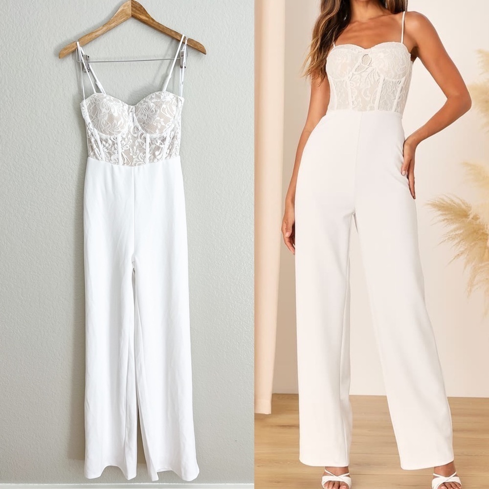 Eloquently Enticing White and Beige Lace Bustier Jumpsuit
